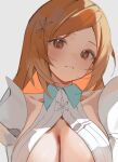  1girl bleach bleach:_sennen_kessen-hen breasts brown_eyes center_opening cleavage cleavage_cutout closed_mouth clothing_cutout collar collarbone collared_vest detached_sleeves grey_background hair_ornament highres huge_breasts inoue_orihime inoue_orihime_(sennen_kessen-hen) long_hair looking_at_viewer orange_hair parted_bangs puffy_sleeves ribbed_vest short_sleeves simple_background sketch snowflake_hair_ornament solo tea_(teahrii) upper_body vest white_sleeves white_vest 