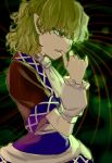  1girl absurdres arm_warmers biting blonde_hair blue_skirt blue_trim brown_shirt commentary_request cowboy_shot green_background green_eyes green_outline hair_over_one_eye hand_up highres medium_hair mizuhashi_parsee nail_biting namewanoketsu one-hour_drawing_challenge outline parted_lips pointy_ears scarf shirt short_sleeves skirt solo standing touhou white_scarf 
