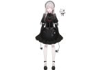  1girl apron asumi_sena asumi_sena_(6th_costume) black_apron black_dress black_shoes closed_eyes commentary_request cross_hair_ornament demon_girl demon_tail dress earrings facing_viewer full_body grey_hair hair_ornament jacket jacket_on_shoulders jewelry leo_(asumi_sena) long_hair long_sleeves maid maid_apron multicolored_hair multiple_tails official_art open_mouth pantyhose pink_hair pink_streaks second-party_source shoes simple_background smile solo standing streaked_hair tail torn_clothes torn_pantyhose two_tails virtual_youtuber vspo! white_background white_pantyhose yukisame 