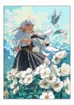 1girl amira_(maryoku_kare_no_dark_elf) artist_name belt bird black_dress brown_eyes cloud commentary copyright_name cover cover_page dark_elf dress earrings elf english_commentary field flower flower_field highres holding_strap itabashi_daisuke jewelry long_hair manga_cover maryoku_kare_no_dark_elf mountain official_art open_mouth pointy_ears sky solo title very_long_hair wand white_hair wide_sleeves 