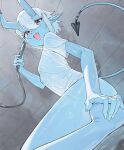  1girl barefoot blue_horns blue_oni blue_skin blue_tail breasts colored_skin commentary from_below hair_between_eyes hair_between_horns highres holding holding_shower_head horns looking_at_viewer multicolored_horns nmm oni open_mouth pointy_ears red_eyes shirt shower_head showering skin-covered_horns small_breasts solo soukaku_(zenless_zone_zero) tail two-tone_horns two-tone_tail untranslatable_commentary wet wet_clothes wet_shirt white_hair white_shirt zenless_zone_zero 