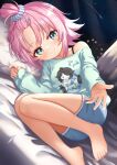  1girl absurdres barefoot blanket blue_eyes blue_shorts blush character_print closed_mouth commentary_request highres linko_(couch_potato)_(nte) linko_(nte) looking_at_viewer lying neverness_to_everness night official_alternate_costume on_side outstretched_arm pillow pink_hair shirt shooting_star short_hair shorts smile solo urotsuki_(uro30) white_shirt 