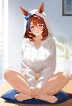  1girl :d absurdres animal_ears barefoot bikini bikini_under_clothes blue_bow blue_eyes bow braid breasts brown_hair commentary_request cushion drawstring ears_through_hood highres hood hooded_jacket horse_ears horse_girl horse_tail indian_style indoors jacket large_breasts long_sleeves looking_at_viewer multicolored_hair narumi_yuzurai revision sitting smile solo streaked_hair super_creek_(umamusume) swimsuit tail teeth umamusume upper_teeth_only white_jacket white_streaks zipper 