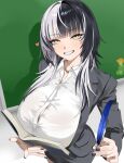  1girl alternate_breast_size_(larger) alternate_costume black_hair black_jacket black_nails black_skirt blunt_bangs blush book breasts button_gap chalkboard classroom collared_shirt commentary cowboy_shot emoji english_commentary grin gurumie hair_intakes hair_over_shoulder heart highres holding holding_book holding_quill hololive hololive_english huge_breasts indoors jacket lapels long_sleeves looking_at_viewer miniskirt multicolored_hair nail_polish naughty_face notched_lapels open_book open_clothes open_jacket quill see-through_clothes see-through_shirt shadow shiori_novella shirt sidelocks skirt smile solo split-color_hair teacher two-tone_hair virtual_youtuber white_hair white_shirt yellow_eyes 