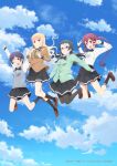  4girls :d anime_coloring arms_up black_bow black_bowtie black_eyes black_pantyhose black_skirt black_socks blonde_hair blue_eyes blue_hair blue_sweater_vest blunt_bangs bow bowtie brown_jacket brown_shoes cardigan cloud commentary_request day dress_shirt expressionless flipped_hair floating_hair food glasses green_cardigan green_hair gyaru_v hands_up holding holding_food instant_cup_noodles instant_noodles jacket jumping kneehighs koizumi_(ramen_daisuki_koizumi-san) light_smile loafers long_hair long_sleeves looking_at_another looking_at_viewer miniskirt multiple_girls nakamura_misa official_art oosawa_yuu outdoors outstretched_arms pantyhose pleated_skirt purple_eyes purple_hair ramen_daisuki_koizumi-san red_eyes school_uniform shirt shoes short_bangs short_hair sitting skirt sky smile socks sweater_vest takahashi_jun_(ramen_daisuki_koizumi-san) twintails v very_short_hair wavy_hair white_shirt 