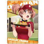  1girl anime_coloring blush bow bowtie breasts brown_eyes burger character_name collared_shirt copyright_notice cup disposable_cup drink drinking_straw employee_uniform fast_food fast_food_uniform food french_fries hair_between_eyes hair_tie hat hataraku_maou-sama! holding holding_tray indoors large_breasts looking_at_viewer lowres official_art open_mouth pink_hair red_shirt red_visor_cap sasaki_chiho shirt short_sleeves short_twintails sideways_glance solo teeth tray turning_head twintails upper_body upper_teeth_only visor_cap 