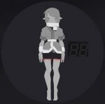  1girl 4qw5 :| arms_at_sides barefoot closed_mouth greyscale highres looking_ahead looking_at_viewer mizuhashi_parsee monochrome pointy_ears sash scarf seven-segment_display shirt short_sleeves skirt solo spot_color standing straight-on tiptoes touhou waist_sash 