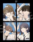  1boy 1girl 2boys 2girls black_eyes black_hair brown_eyes brown_hair bunny_ears_prank cakenyam character_request commentary_request copyright_request hair_ornament heart heart_hands hetero highres laughing long_hair looking_at_viewer multiple_boys multiple_girls necktie open_mouth photo_(object) plaid_clothes plaid_necktie pom_pom_(clothes) pom_pom_hair_ornament ponytail sample_watermark smile sweatdrop watermark 