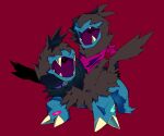  absurdres animal_collar bandana bandana_around_neck black_fur blue_fur claws clothed_pokemon collar covered_eyes highres megadinkloid multiple_heads no_humans pink_bandana pokemon pokemon_(creature) purple_collar red_background simple_background solo two-tone_fur zweilous 