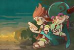  2boys anklet aqua_bandana aqua_hakama aqua_kimono arm_on_knee arm_rest arm_strap bandana bat_wings bird black_pants black_shirt black_wings bracelet brown_hair closed_mouth commentary_request costa_(puyopuyo) costa_(yukata)_(puyopuyo) earrings facial_mark forehead_mark fox_mask glasses green_eyes hakama hakama_pants hand_wraps holding holding_mask hoop_earrings japanese_clothes jewelry kimono knee_up looking_at_viewer male_focus mask multiple_boys multiple_rings nejiri_hachimaki official_alternate_costume official_style pants parted_lips pimyuhuwa pink-tinted_eyewear pointy_ears puyopuyo puyopuyo_quest red_hair ring rock round_eyewear sandals shirt short_hair sitting sleeveless sleeveless_shirt smile smoke sunset suzaku_(firefighter)_(puyopuyo) suzaku_(puyopuyo) thick_eyebrows tinted_eyewear twitter_username very_short_hair wide_sleeves wings wrist_wrap yellow_eyes yukata zouri 