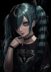  1girl absurdres aegyo_sal artist_name black_background black_choker black_hair black_shirt blue_eyes blue_hair choker closed_mouth colored_eyebrows commentary_request emo_fashion eyebrow_piercing face_piercing hair_ornament hair_over_one_eye hairclip hatsune_miku highres jewelry lip_piercing lip_ring multicolored_hair piercing reoneko05 ring shirt signature simple_background single_fishnet_armwear solo split-color_hair striped_hair twintails two-tone_hair vocaloid 