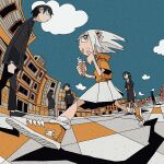  1other 2boys 3girls :p absurdres black_hair black_pants black_serafuku black_shirt black_shoes black_skirt blue_sky bright_pupils building closed_mouth cloud commentary_request day drawstring film_grain food food_on_face from_below full_body grey_eyes highres holding holding_food holding_ice_cream hood hood_down hoodie ice_cream long_hair multiple_boys multiple_girls necktie ohuton_(nyr50ml) orange_hoodie orange_shoes original outdoors pants pleated_skirt red_necktie romaji_commentary sailor_collar school_uniform serafuku shirt shoes short_hair short_sleeves skirt sky socks standing tile_floor tiles tongue tongue_out walking white_hair white_pupils white_sailor_collar white_skirt white_socks 