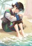  1girl ainu_clothes barefoot beach black_hair crossed_arms day earrings green_eyes headband highres jewelry knees_up otton outdoors palm_tree short_hair sitting smile solo tree valkyrie_profile water yumei_(valkyrie_profile) 