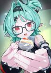  1girl absurdres bare_shoulders black-framed_eyewear black_hairband black_shirt commentary_request deiku_(day9_fujimiya) detached_sleeves feeding_viewer food glasses green_hair hair_ornament hairband hairclip highres holding holding_spoon looking_at_viewer open_mouth pointy_ears reaching reaching_towards_viewer red_eyes roxy_ifrita_pryce scar scar_on_shoulder shirt solo spoon teeth tongue zenless_zone_zero 