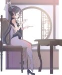  1girl absurdres architecture backless_dress backless_outfit bare_legs black_hair blue_archive butterfly_hair_ornament chair chinese_clothes closed_eyes closed_mouth commentary_request cup day double_bun dragon_print dress east_asian_architecture feet flat_chest from_side full_body hair_bun hair_ornament halo high_heels highres holding holding_cup indoors kisaki_(blue_archive) knees korean_commentary light_smile long_hair low_twintails pelvic_curtain qipao s10021 shoes single_shoe sitting solo table thighs toes twintails white_background window 