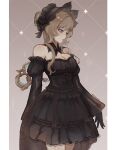  1girl black_bonnet black_bow black_bowtie black_dress black_flower black_gloves black_rose black_sleeves blue_eyes bonnet bow bowtie breasts brown_background brown_hair cleavage closed_mouth commentary cowboy_shot detached_collar detached_sleeves dress dress_bow expressionless flower frilled_dress frills from_side genshin_impact gloves gothic_lolita gradient_background grid_background hair_flower hair_ornament highres lace-trimmed_dress lace_trim large_breasts letterboxed lolita_fashion long_sidelocks long_sleeves nawkumi rose sandrone_(genshin_impact) sidelocks solo standing strapless strapless_dress twitter_username winding_key 
