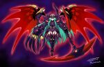  1girl absurdres armor artist_name big_hair black_armor boobplate breastplate breasts bright_pupils claw_(weapon) closed_mouth commentary_request commission corruption couter dark_persona demon_wings double-parted_bangs fantasy faulds floating_hair full_body gauntlets greaves green_hair hair_between_eyes headpiece highres holding holding_scythe huge_weapon long_hair looking_at_viewer medium_breasts mismatched_gauntlets original outer_glow pauldrons poleyn purple_background red_eyes red_wings rerebrace sabaton scythe shoulder_armor sidelocks signature simple_background skeb_commission solo straight-on tassets tomo_shimomu too_many_eyes two-tone_background very_long_hair weapon white_pupils wings 