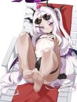  1girl ahoge barefoot bikini black_bikini black_gloves black_halo black_horns blue_archive blush breasts commentary_request cosplay demon_girl demon_horns demon_wings feet_up gloves halo highres hina_(blue_archive) horns iori_(blue_archive) iori_(blue_archive)_(cosplay) iori_(swimsuit)_(blue_archive) koflif long_hair looking_at_viewer low_wings multiple_horns navel parted_bangs presenting_own_foot purple_eyes purple_halo purple_wings side-tie_bikini_bottom simple_background small_breasts solo stomach swimsuit thigh_strap twintails very_long_hair white_background white_hair wings 