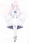  1girl absurdres angel_wings black_shoes blue_archive blue_bow blue_bowtie blue_hair blue_halo blush bow bowtie breasts buttons capelet character_name closed_mouth commentary crescent_wing_ornament double-breasted dress envelope feathered_wings flower frilled_dress frills full_body gradient_hair gradient_halo grid_background hair_bun hair_flower hair_ornament halo head_tilt high_heels highres holding holding_envelope holding_letter letter long_hair looking_at_viewer love_letter low_wings medium_breasts menglan_kio233 mika_(blue_archive) multicolored_hair multicolored_halo pantyhose pink_background pink_hair pink_halo purple_flower shoes single_side_bun solo triangle white_capelet white_dress white_pantyhose white_wings wing_ornament wings yellow_eyes 