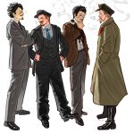  4boys absurdres artist_name black_hair black_hat black_pants black_shoes black_suit black_vest blonde_hair blue_necktie brown_coat brown_hair brown_jacket cigarette closed_eyes coat communism crossed_arms facial_hair felix_dzerzhinsky formal_clothes full_body glasses goatee grey_pants grey_suit hand_in_pocket hand_on_own_hip hat high_collar highres holding holding_cigarette invisible_floor jacket leon_trotsky long_sleeves looking_at_another male_focus multiple_boys mustache necktie pants rabiadraw real_life shirt shoes short_hair simple_background smoke sparkle standing suit trench_coat vest vladimir_lenin white_background white_shirt yakov_sverdlov 