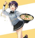  1girl :d arm_up black_bow black_bowtie black_skirt black_socks blue_eyes blue_hair blue_sweater_vest bow bowl bowtie breasts brown_shoes char_siu chopped_spring_onion chopsticks collared_shirt commentary_request dress_shirt food hand_up heimuer holding holding_bowl holding_chopsticks loafers long_sleeves looking_at_viewer miniskirt noodles oosawa_yuu open_collar pleated_skirt ramen ramen_daisuki_koizumi-san school_uniform shirt shoes short_hair simple_background skirt small_breasts smile socks softboiled_egg somechime_(sometime1209) standing standing_on_one_leg striped_clothes sweater_vest swept_bangs tomboy white_shirt wide-eyed winter_uniform 