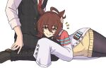  1boy 1girl absurdres agnes_tachyon_(tach-nology)_(umamusume) agnes_tachyon_(umamusume) ahoge animal_ears black_pantyhose black_vest brown_hair coat highres horse_ears horse_girl lab_coat mayu_set pantyhose red_eyes shirt sleeves_past_fingers sleeves_past_wrists sweater_vest trainer_(umamusume) umamusume vest white_background white_coat white_shirt wolf_cut yellow_sweater_vest 