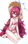  1girl absurdres blue_archive blue_halo breasts chinstrap clothing_cutout cobe commentary flower fluffy_hair frilled_one-piece_swimsuit frilled_thigh_strap frills grey_eyes halo hat hat_flower highres iroha_(blue_archive) iroha_(swimsuit)_(blue_archive) kneeling long_hair looking_at_viewer official_alternate_costume one-piece_swimsuit pink_one-piece_swimsuit red_hair side_cutout simple_background solo straw_hat sun_hat swimsuit thigh_strap white_background 