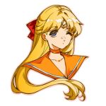  1girl aino_minako bishoujo_senshi_sailor_moon blonde_hair blue_eyes bow choker circlet commentary cropped_shoulders english_commentary hair_bow highres long_hair looking_at_viewer negi_(fufufuyu) one_eye_closed orange_choker orange_sailor_collar red_bow sailor_collar sailor_venus simple_background solo white_background 