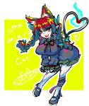  1girl animal_ear_fluff animal_ears black_dress black_shoes blunt_bangs bow braid breasts cat_ears cat_tail covered_nipples dress english_text extra_ears fang fire flaming_skull floating_skull frilled_dress frills full_body green_dress hair_bow heart heart_tail highres kaenbyou_rin large_breasts leg_ribbon mary_janes multiple_tails nekomata pigeon-toed pointy_ears red_eyes red_hair red_ribbon ribbon sazamushi shoes skin_fang skull solo tail touhou twin_braids two_tails yellow_background 
