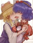  0_0 3girls :o ^^^ absurdres blonde_hair blush breasts brown_hat commentary_request eye_contact face-to-face flat_chest french_kiss frog_hair_ornament from_side ginkgo_leaf green_hair hair_ornament hair_ribbon half-closed_eyes hat highres holding_hands interlocked_fingers kiss kochiya_sanae layered_sleeves leaf leaf_hair_ornament long_sleeves looking_at_another maple_leaf medium_breasts medium_hair mirror moriya_family_(touhou) moriya_suwako multiple_girls namewanoketsu open_mouth outline profile puffy_short_sleeves puffy_sleeves purple_hair purple_skirt purple_vest pyonta red_eyes red_ribbon red_shirt ribbon rope shimenawa shirt short_hair short_over_long_sleeves short_sleeves skirt snake_hair_ornament surprised sweat tongue tongue_out touhou tress_ribbon upper_body vest walk-in white_background white_outline white_shirt white_sleeves wide_sleeves yasaka_kanako yellow_eyes yuri 