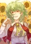  1girl absurdres ascot breasts center_frills collared_shirt commentary_request floral_background flower frilled_ascot frills green_hair half-closed_eyes hand_up highres kazami_yuuka large_breasts long_sleeves looking_at_viewer medium_hair namewanoketsu open_clothes open_mouth open_vest plaid_clothes plaid_vest red_eyes red_vest shirt solo sunflower touhou upper_body vest wavy_hair white_background yellow_ascot yellow_flower 