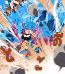 2girls absurdres arzuros ass black_socks blue_boots blue_hair blue_sky boots breasts cleavage cloud commentary_request crossed_bandaids day grimclaw_tigrex highres large_breasts milkpanda monster_hunter_(series) motion_blur multiple_girls open_mouth outdoors panties personification red_eyes sharp_teeth shoe_soles sky socks teeth translation_request underwear white_panties 