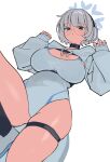  1girl absurdres black_choker black_socks blue_archive blue_halo blunt_bangs blush breasts brown_eyes cetacean_tail choker cleavage fins fish_tail glasses grey_hair halo headphones highres hood hood_down hooded_shrug kokaki_mumose kotone_(blue_archive) large_breasts long_sleeves looking_at_viewer mole mole_under_eye shoes short_hair shrug_(clothing) simple_background skindentation sleeves_past_wrists socks solo tail thigh_strap white_background 