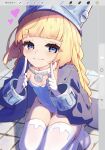  1girl art_program_in_frame blonde_hair blue_jacket blue_leotard blush breasts closed_mouth commentary_request covered_navel fingers_to_cheeks gloves grey_hat grey_helmet hat helmet highres jacket large_hat leotard long_hair looking_at_viewer norma_hollowell purple_eyes saniraku shako_cap small_breasts smile solo squatting strapless strapless_leotard thighhighs white_gloves white_thighhighs zenless_zone_zero 