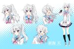 >_< 1girl 9-nine- :3 :d :o ahoge arm_behind_back black_socks blue_background blue_shoes bow braid character_name chest_bow closed_eyes closed_mouth commentary contrapposto cropped_torso cross-laced_shoes dress frilled_dress frills full_body furrowed_brow green_ribbon grey_hair hair_between_eyes hair_ribbon hakusen_academy_school_uniform hand_up happy highres kneehighs long_hair long_sleeves looking_at_viewer looking_to_the_side multiple_expressions multiple_views niimi_sora ojin open_mouth outstretched_hand pink_bow pleated_dress polka_dot polka_dot_background purple_eyes ribbon school_uniform shoes short_dress shy side_ponytail sidelocks simple_background single_braid sleeves_past_wrists smile smug sneakers socks split_mouth standing translated two-tone_background upper_body v-shaped_eyebrows waving white_background white_dress xd 