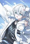  1boy :d arm_up beads black_collar blue_eyes blue_hair chain chain_necklace collar colored_inner_hair commentary crew_neck dot_nose double-parted_bangs ermine hair_beads hair_between_eyes hair_ornament hand_up highres hood hooded_jacket iro_cloud jacket jewelry looking_at_viewer male_focus maximizer medium_hair multicolored_hair multiple_necklaces multiple_rings necklace one_side_up open_clothes open_jacket outdoors pom_pom_(clothes) pom_pom_hair_ornament ring single_hair_intake skoshism sky smile solo untranslatable_commentary upper_body utaite virtual_youtuber weasel white_hair white_jacket 