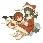  2girls arknights brown_eyes capelet chinese_commentary commentary_request dress exusiai_(arknights) full_body fur-trimmed_capelet fur-trimmed_dress fur-trimmed_headwear fur_trim ganyuyu11192 halo hat long_hair long_sleeves looking_at_viewer lying multiple_girls on_stomach red_capelet red_hair red_hat santa_costume santa_dress santa_hat short_hair sitting tail texas_(arknights) white_background wolf_girl wolf_tail 
