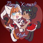 1boy 1girl animal_ears animal_hands belt black_belt black_hair black_nails blue_eyes brown_hair calico_(pattern) cat_ears cat_girl cat_paws cat_tail closed_mouth commentary crossdressing crossdressing_(mtf) degrees_of_lewdity dog_boy dog_ears dog_paws dog_tail dress english_commentary fur-trimmed_dress fur_trim green_eyes heart heterochromia holding_hands lilirulu multicolored_hair naomi_(lilirulu) open_mouth original player_character_(degrees_of_lewdity) player_character_(female)_(degrees_of_lewdity) red_background robin_(degrees_of_lewdity) robin_(male)_(degrees_of_lewdity) santa_costume santa_dress sleeveless sleeveless_dress smile tail two-tone_hair white_hair yellow_eyes 
