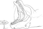  absurd_res ambiguous_gender black_and_white bodily_fluids dinosaur feral hi_res imperatorcaesar lying monochrome mouth_shot on_back open_mouth reptile saliva saliva_on_tongue saliva_string scalie sharp_teeth sign simple_background solo teeth tongue tongue_out 