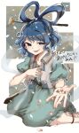  1girl :d bad_id bad_skeb_id blue_dress blue_eyes blue_hair chinese_hairpin commission dress falling_petals flower hair_ornament hair_rings hair_stick holding holding_flower kaku_seiga looking_at_viewer matsukuzu ofuda petals pink_flower puffy_short_sleeves puffy_sleeves short_sleeves sitting skeb_commission smile solo touhou vest wariza white_vest 