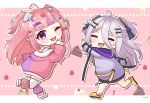  1girl 2girls ahoge bandaid bandaid_hair_ornament blush bone_hair_ornament button_hair_ornament candy_hair_ornament chibi closed_eyes crocs decora demon_girl demon_horns facial_mark fang food-themed_hair_ornament hair_ornament hair_scrunchie heart heart_ahoge heart_facial_mark heart_hair_ornament henya_the_genius henya_the_genius_(1st_costume) highres horns ironmouse ironmouse_outfit_art_contest jacket kurumingu leg_warmers lollipop_hair_ornament long_bangs long_hair looking_at_viewer multicolored_hair multiple_girls one_eye_closed open_mouth pajamas pink_hair pink_leg_warmers pointy_ears purple_eyes purple_hair purple_jacket purple_leg_warmers purple_pajamas sandals scrunchie skin_fang skull_hair_ornament sparkle_hair_ornament star_(symbol) star_facial_mark strawberry_hair_ornament streaked_hair two-tone_pajamas two_side_up virtual_youtuber vshojo white_horns 