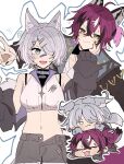  1boy 1girl :3 animal_ear_fluff animal_ears aqua_eyes bandaid bandaid_on_face bandaid_on_nose black_nails blush breasts chibi chibi_inset commentary_request cross-shaped_pupils doppio_dropscythe doppio_dropscythe_(2nd_costume) elira_pendora elira_pendora_(wolf) grey_hair hand_on_another's_cheek hand_on_another's_face highres large_breasts linea_alba looking_at_another looking_at_viewer medium_hair mole mole_on_armpit multicolored_hair navel nijisanji nijisanji_en off_shoulder open_fly outline purple_hair short_hair streaked_hair syaru180 symbol-shaped_pupils tail virtual_youtuber white_background white_outline wolf_cut wolf_ears wolf_tail yellow_eyes 