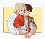  2boys amuro_ray blanket blonde_hair border brown_hair char's_counterattack char_aznable cup eye_contact gundam haro holding holding_cup hug hug_from_behind long_sleeves looking_at_another male_focus mrjpgmgkmfip0qk mug multiple_boys outside_border scar scar_on_face scar_on_forehead shirt short_hair sleeves_rolled_up smile split_mouth white_border white_shirt yaoi yellow_background 