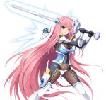  1girl angry armor blue_eyes blush bodysuit breasts cleavage clenched_teeth detached_wings divine_heart_makina divine_heart_makina_(character) energy_wings game_asset gloves hair_ornament kagemusya kurusu_makina_(divine_heart_makina) large_breasts large_variant_set long_hair magical_girl mechanical_magical_girl non-web_source official_art one_eye_closed pink_hair self-datamine simple_background solo sword tachi-e tattoo teeth thighhighs transparent_background variant_set very_long_hair weapon wince wings 