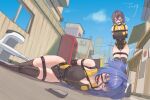  2girls absurdres arms_behind_back ball_gag black_thighhighs blue_hair bound breasts brown_eyes building city cloud cloudy_sky collar commentary_request dongyunqing drooling gag gag_harness gagged grey_hair grey_leotard highres large_breasts leotard long_hair multiple_girls open_mouth original purple_eyes pussy_juice restrained shibari shibari_over_clothes skindentation sky thighhighs thighs twintails wiffle_gag 