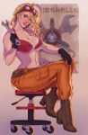  1girl ankle_boots belt belt_pouch bikini bikini_top_only black_gloves blonde_hair bombshell_(sydney_stevens) boots breasts brown_belt brown_boots brown_hair cargo_pants chair commentary cover curvy ear_piercing earrings english_commentary english_text eyelashes from_side full_body gloves goggles goggles_on_head gradient_background groin hand_up head_tilt high_heel_boots high_heels highres holding holding_wrench jewelry kattnippxo lace-up_boots large_breasts long_hair looking_at_viewer lost_fantasy narrow_waist navel no_shirt orange_pants pants parted_lips piercing pocket poster_(object) pouch red_bikini simple_background sitting swimsuit textless_version wavy_hair wrench 