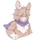  1boy absurdres animal_ears ao_gravity closed_mouth commentary earrings fabulous_beasts furry furry_male hand_on_own_hip highres jewelry looking_at_viewer male_focus purple_scarf rabbit_boy rabbit_ears scarf simple_background smile tuye_(fabulous_beasts) untranslatable_commentary upper_body white_background 