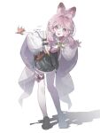  1girl :d absurdres ahoge animal_ear_fluff animal_ears arknights black_shoes black_skirt cape carrot chinese_commentary commentary_request fingerless_gloves full_body gloves halei_de_beiguo highres long_hair looking_at_viewer open_mouth orange_gloves pink_eyes pink_hair pouch rabbit_ears rabbit_girl shadow shoes simple_background skirt smile solo standing thigh_pouch thigh_strap thighhighs thumpy_(arknights) white_background white_cape white_thighhighs 