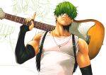  1boy absurdres black_gloves contemporary cross cross_necklace earrings elbow_gloves electric_guitar english_commentary facial_hair facing_viewer fingerless_gloves fire_emblem fire_emblem:_the_blazing_blade gloves green_hair guitar hair_over_eyes highres holding holding_guitar holding_instrument index_finger_raised instrument instrument_over_shoulder jewelry lowen_(fire_emblem) male_focus multiple_earrings necklace nifast_(greentail) obata_takeshi_(style) parody parted_lips shirt simple_background solo stubble style_parody upper_body white_background white_shirt zoom_layer 