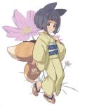  1girl animal_ears black_hair brown_eyes brown_kimono brown_sandals closed_mouth commentary_request dated floral_background flower fox_ears fox_girl fox_tail hand_up japanese_clothes kimono kitsune kukuri_(mawaru) long_sleeves mawaru_(mawaru) obi original pink_flower sandals sash short_hair simple_background smile solo tail white_background wide_sleeves zouri 